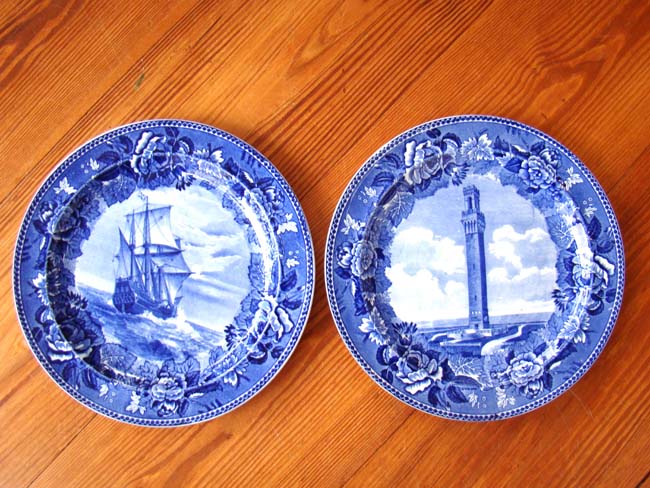A pair of Antique Wedgewood plates commemorating the Landing of the Pilgrims and the Mayflower